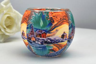 Leuchtglas 21640 „Nordlicht-See“ Winterlandschaft mit drei Häuschen im Schnee Unikat in Serie - 0