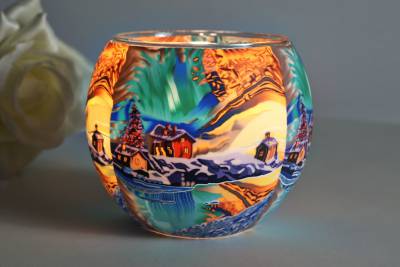 Leuchtglas 21640 „Nordlicht-See“ Winterlandschaft mit drei Häuschen im Schnee Unikat in Serie - 1