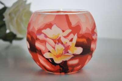 Leuchtglas 21417 Magnolienzauber Teelichtglas mit Magnolienmotiv in Rot & Rosa Unikat in Serie - 0
