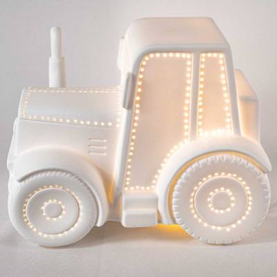 Traktor Tischleuchte weiss Porzellan Deko Tischlampe Kinder Bulldog LED Nachtlicht - 0