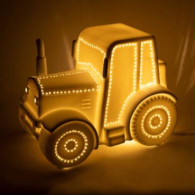 Traktor Tischleuchte weiss Porzellan Deko Tischlampe Kinder Bulldog LED Nachtlicht - 1