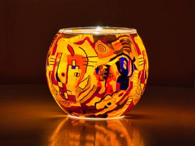 Leuchtglas Nr.53 ohne Wachs Ø11cm Deko Licht Windlicht Teelicht Phantasiemotiv orange - 1