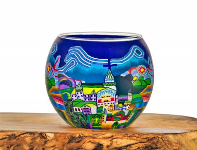 Leuchtglas Nr.32 ohne Wachs Ø11cm sommerliches Stadtmotiv mit Kirche in Blau-Grün - 0