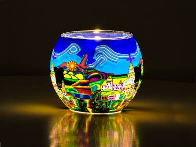 Leuchtglas Nr.32 ohne Wachs Ø11cm sommerliches Stadtmotiv mit Kirche in Blau-Grün - 1