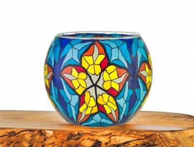 Leuchtglas Nr.24 ohne Wachs Ø11cm 5-Zack-Stern in Rot, Gelb und Grau auf Blau - 0