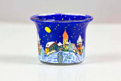 Votiv Glas 176 Dorf bei Nacht mit Kirche dekoratives Windlicht - 0