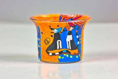 Votiv Glas 111 Katzen blau/rot dekoratives Windlicht - 0