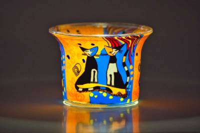 Votiv Glas 111 Katzen blau/rot dekoratives Windlicht - 1