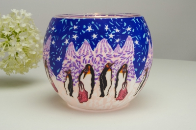 Leuchtglas 21005 Penguin Ø11cm mit Pinguinmotiv in winterlicher Szene Unikat in Serie - 0