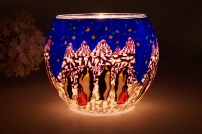 Leuchtglas 21005 Penguin Ø11cm mit Pinguinmotiv in winterlicher Szene Unikat in Serie - 1