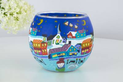 Leuchtglas 21808 Ø11cm heilige Nacht  nächtliches Dorf mit Rentierschlitten und Sternen, Unikat in Serie - 0