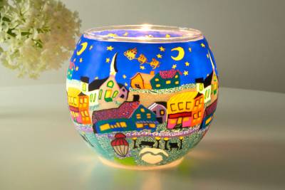 Leuchtglas 21808 Ø11cm heilige Nacht  nächtliches Dorf mit Rentierschlitten und Sternen, Unikat in Serie - 1