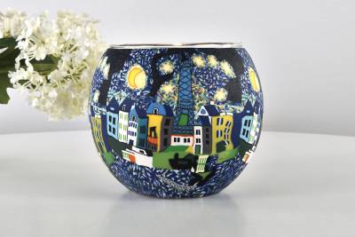Leuchtglas 21607 Ø11cm Paris bei Nacht mit Eiffelturm und Mondsichel Unikat in Serie - 0