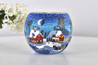 Leuchtglas 21821 Ø11cm, verschneite Farm in kanadischer Winternacht mit Mond Unikat in Serie - 0