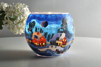 Leuchtglas 21821 Ø11cm, verschneite Farm in kanadischer Winternacht mit Mond Unikat in Serie - 1
