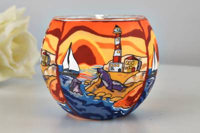 Leuchtglas 21002 Küste Ø11cm Leuchtturm Sonnenuntergang mit Robben & Segelboot Unikat in Serie - 0