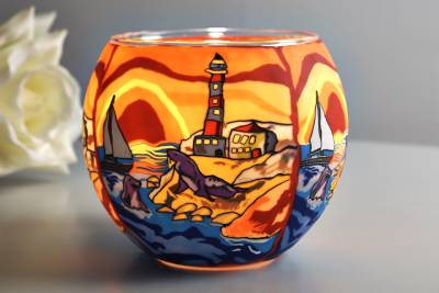 Leuchtglas 21002 Küste Ø11cm Leuchtturm Sonnenuntergang mit Robben & Segelboot Unikat in Serie - 1