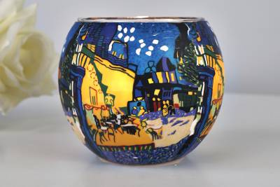 Leuchtglas 21614 Café-Szene in nächtlicher Gasse Ø11cm Lebendiges Stadtmotiv Unikat in Serie - 0