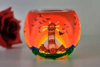 Leuchtglas Nordseezauber Handgemachtes Teelichtglas Leuchtturm im Sonnenuntergang Unikat in Serie