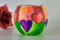 Leuchtglas 21303 Herzenslicht 11cm Teelichtglas mit roten & lila Herzen Farbenspiel Unikat in Serie