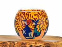 Leuchtglas Nr.110 ohne Wachs Ø11cm Dekoration Licht Windlicht Katzen gelb/rot